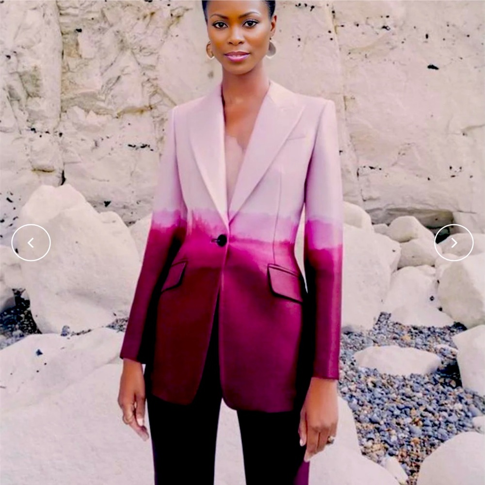 Pink and burgundy tie die jacket with burgundy pant suit